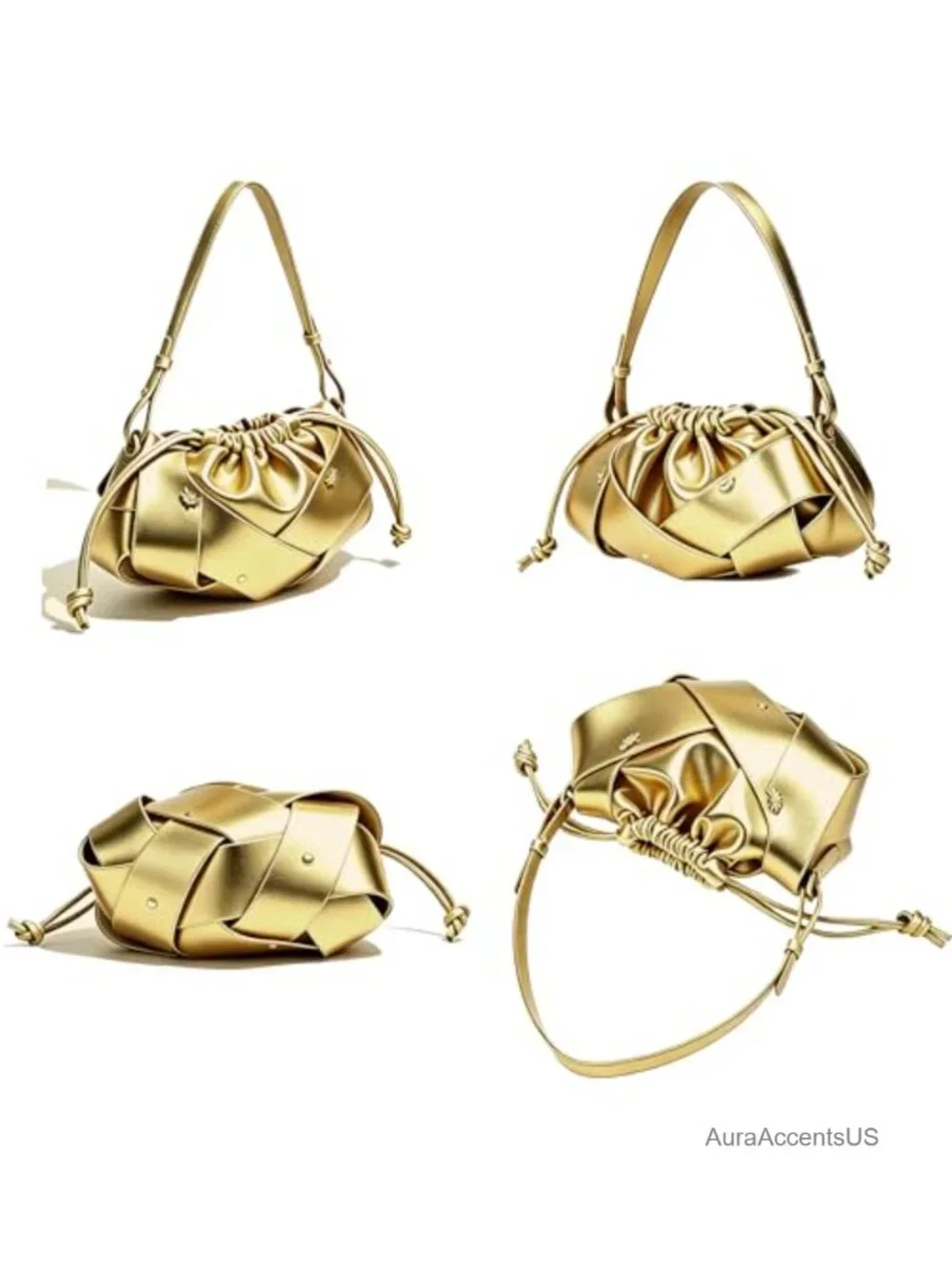 Woven PU Leather Drawstring Bucket Bag Hobo Shoulder Crossbody Clutch Purse